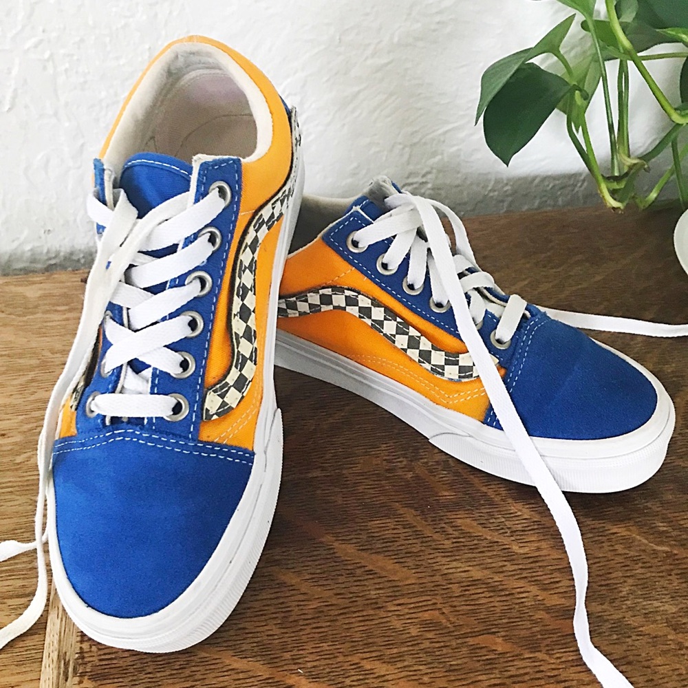 Vans Off the Wall Old Skool Checkered Velcro Stripe Sneakers Blue Yellow Size W6